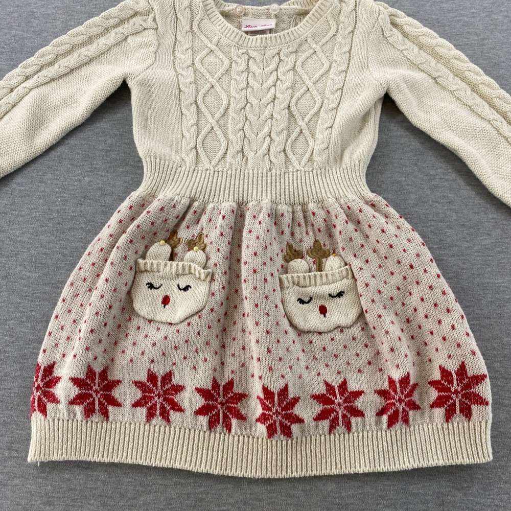 Little Lass Girls Cream Reindeer Fair Isle Knit Sweater Dress Size 4 Christmas